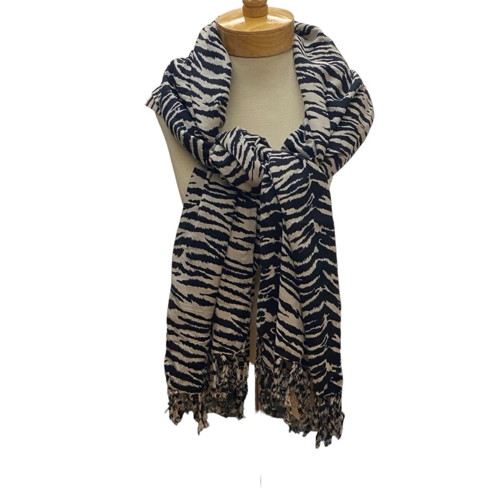 World Market Animal Print Scarf Wrap 100% Rayon Black Ivory Boho Lightweight